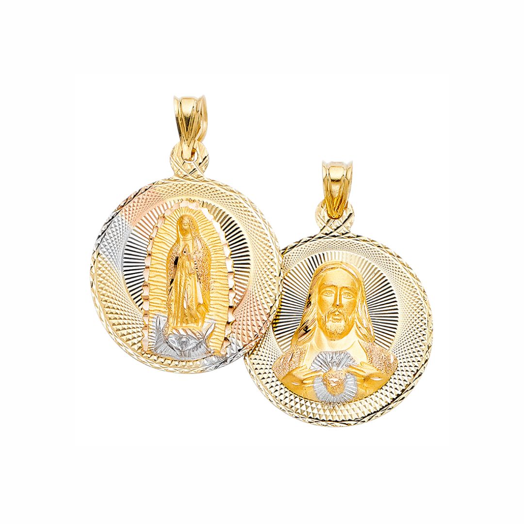 14K Double sided | Sagrado Corazon &amp; Virgin Mary Pendant