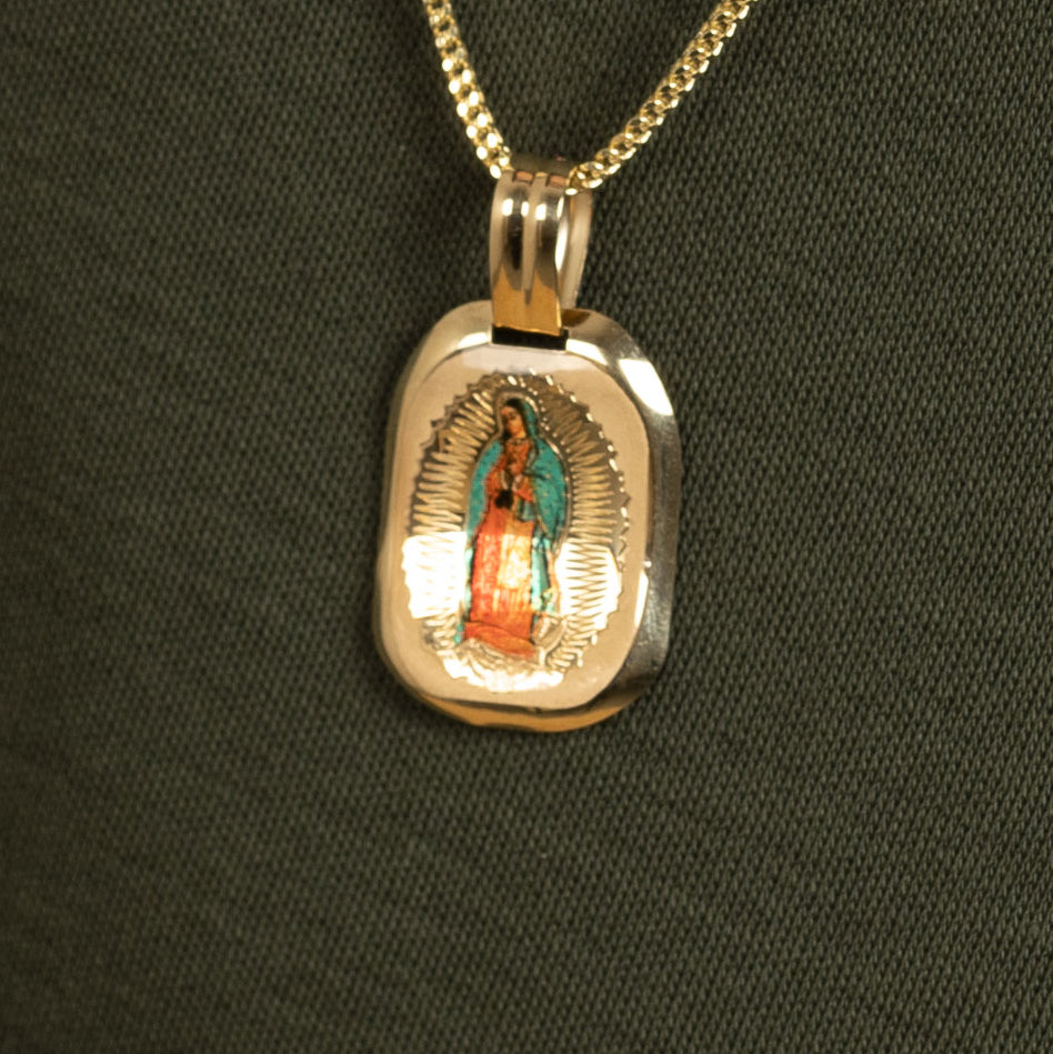 Two-Tone Yellow & Rose Gold Our Lady Of Guadalupe Diamond Cut Religious  Oval Pendant Necklace